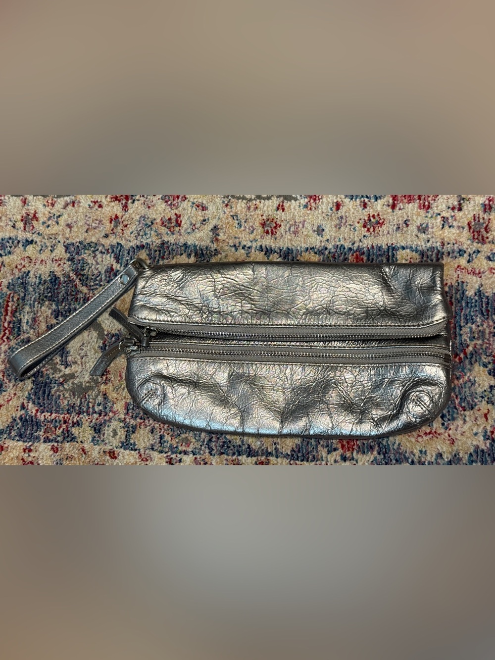 Fossil Silver Crinkled Metallic Leather Fold-Over Clutch Wristlet Purse